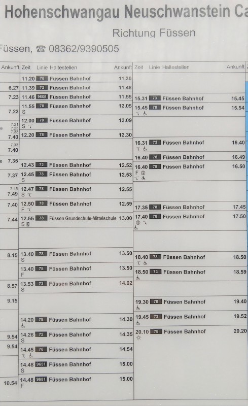 ホーエンシュヴァンガウからフュッセン駅のバスの時刻表