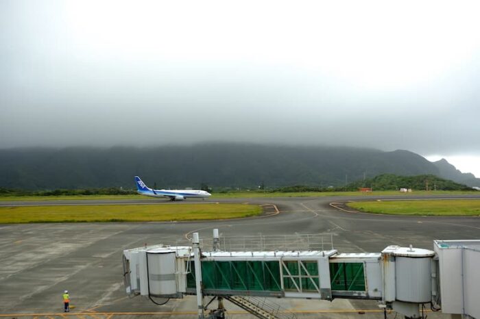 八丈島空港　展望デッキから眺めたANAの機体